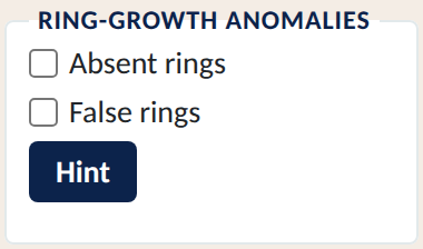 Ring-growth anomalies options: Absent rings and False rings check boxes and a Hint button