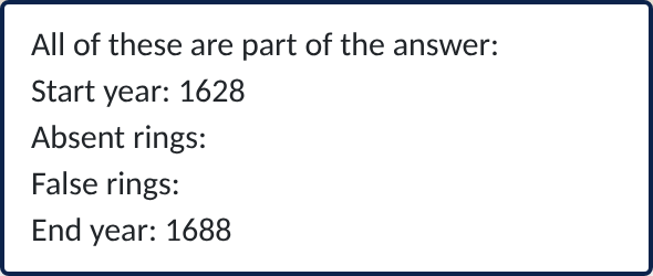 Answer box listing the start year, absent rings, false rings and end year