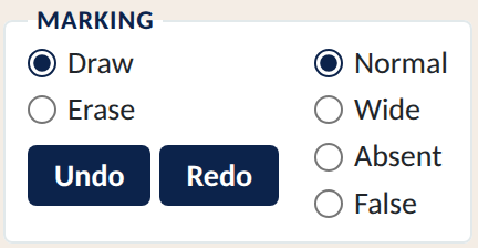 Marking options: Draw or Erase, Undo and Redo buttons, and Normal, Wide, Absent or False marks