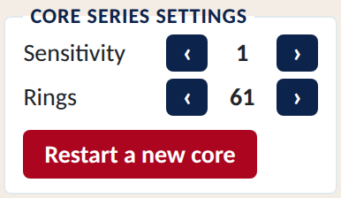 Core series settings: Sensitivity and Rings with arrow buttons, and a Restart a new core button